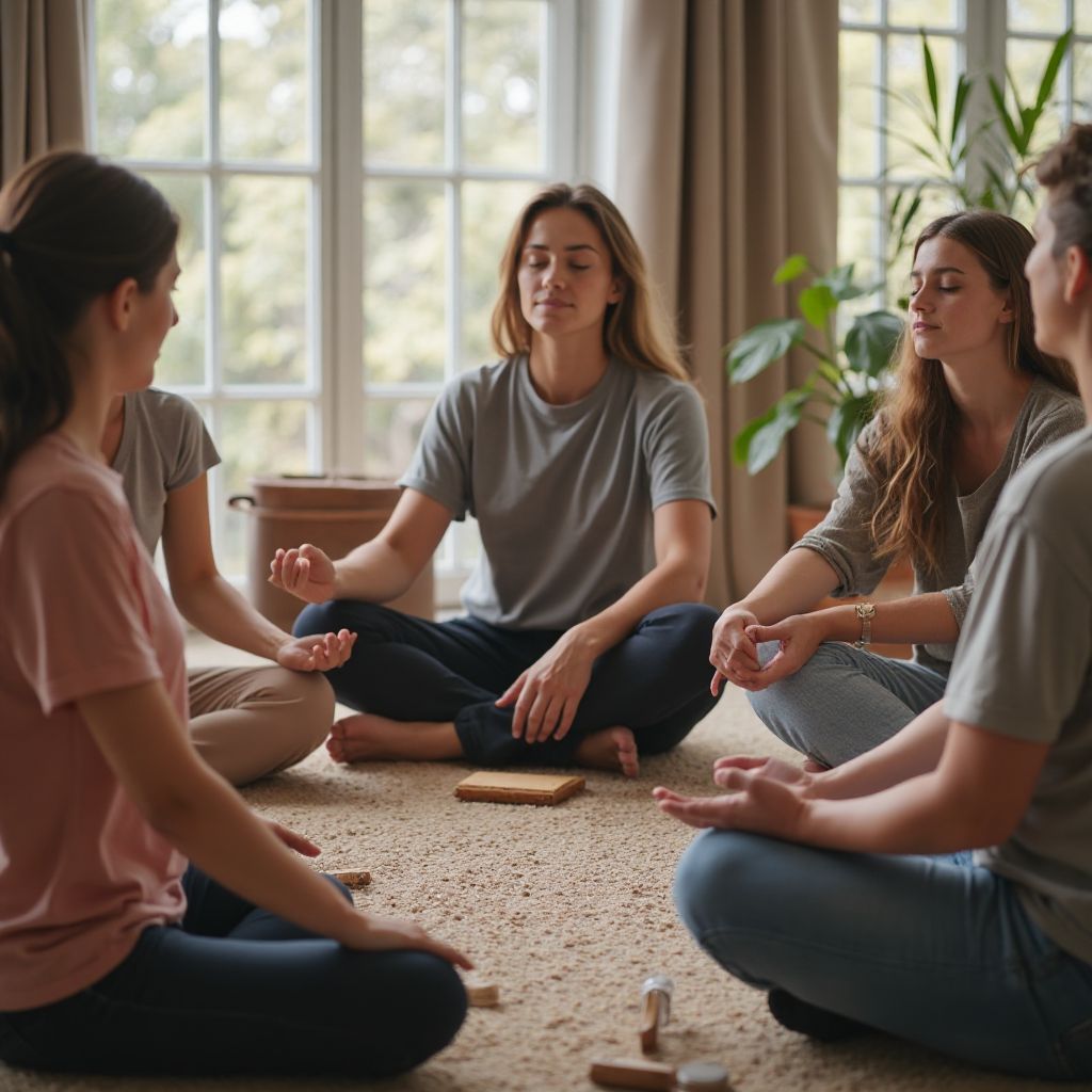 Family practicing breathing exercises together